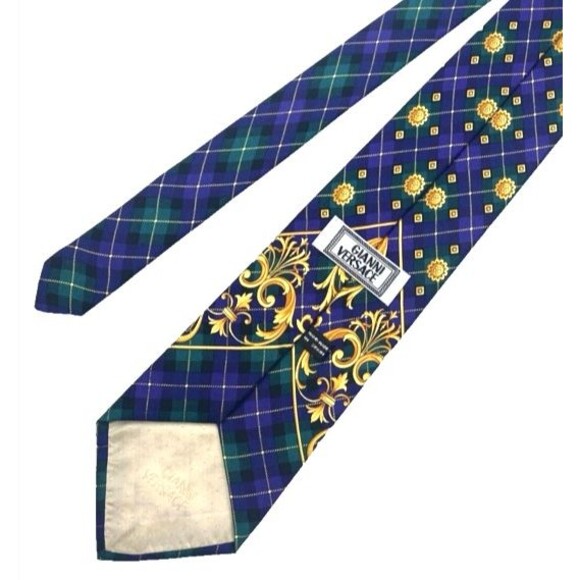 Vintage Versace Tie Mens Silk Purple Gold Plaid Baroque Print Necktie Designer - Picture 13 of 13